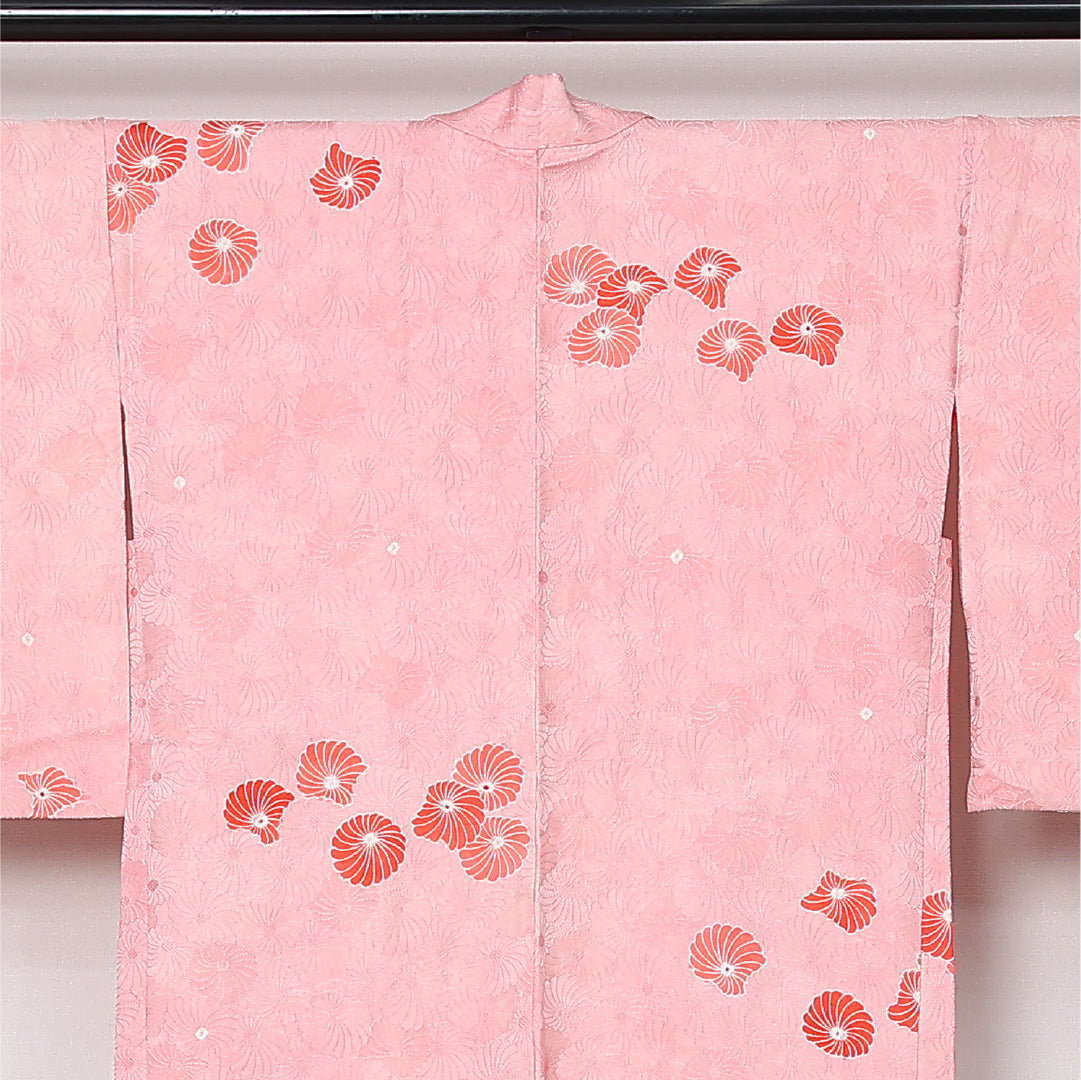 羽織 袷 身丈80cm 裄丈64cm 正絹 Sランク カジュアル Mサイズ 紐あり 菊 ピンク系 RP 1232-12944