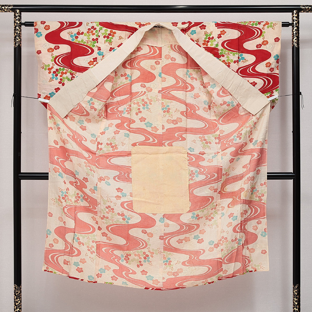 アンティーク 長襦袢 無双袖 身丈140cm 裄丈62cm 正絹 Dランク 3XLサイズ 居敷当て 流水 花柄 クリーム系 HP 1239-14520