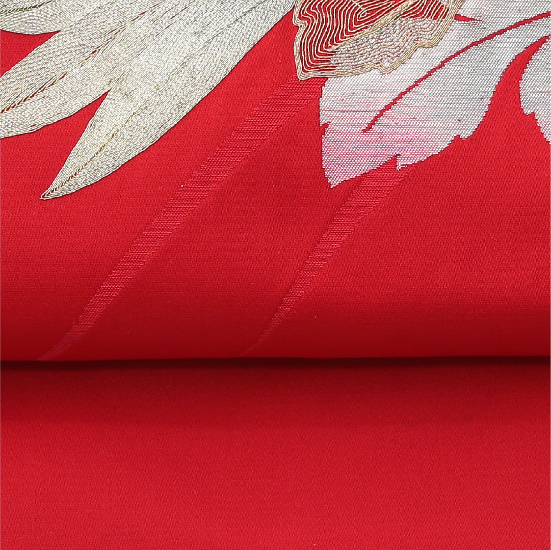 九寸名古屋帯 Sランク 帯丈346cm 正絹 ポイント柄 名古屋仕立て 織り セミフォーマル 菊 赤系 LP 1245-02006