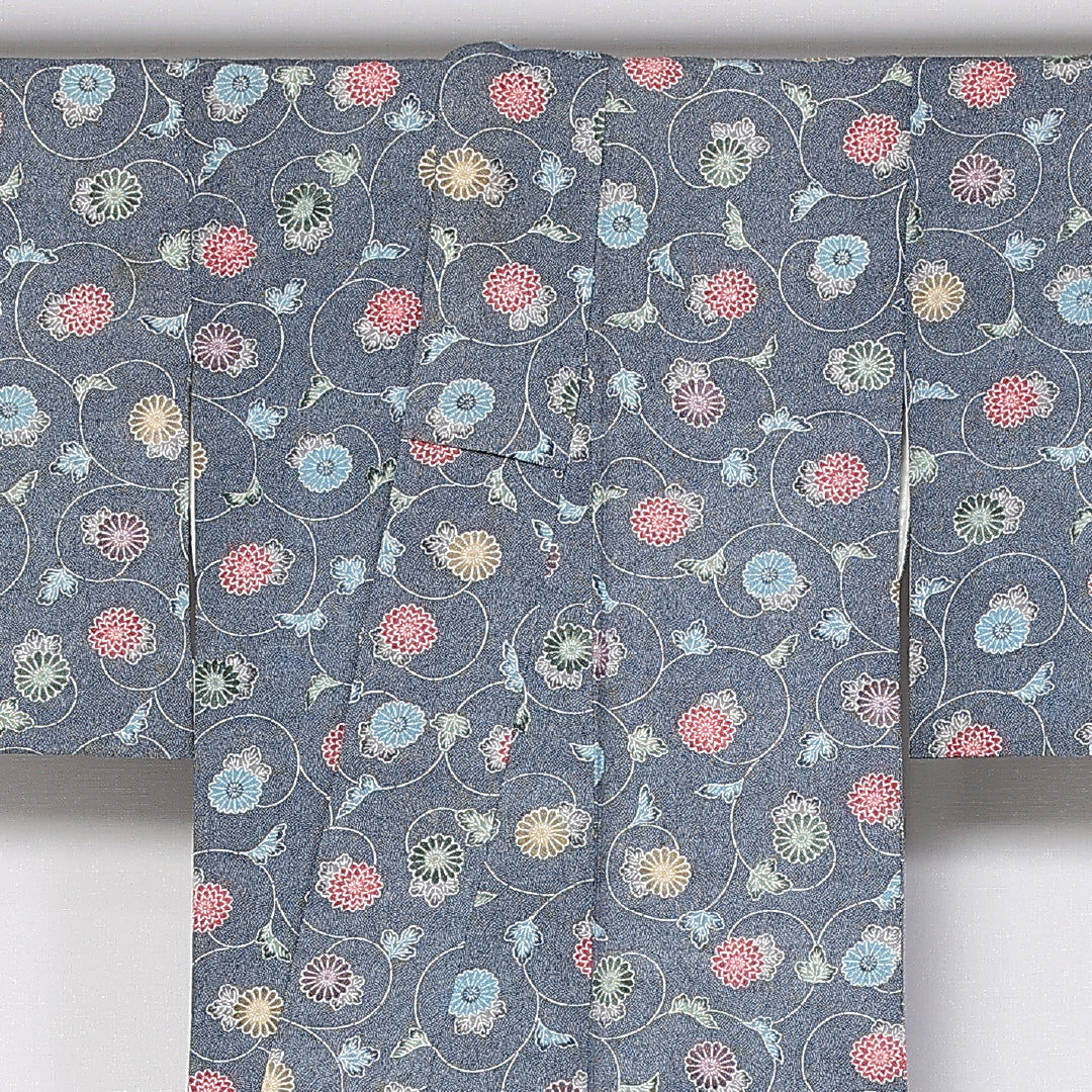 小紋 袷 身丈151cm 裄62cm 正絹 鮫 唐草 菊 青系 Cランク 1215-02439