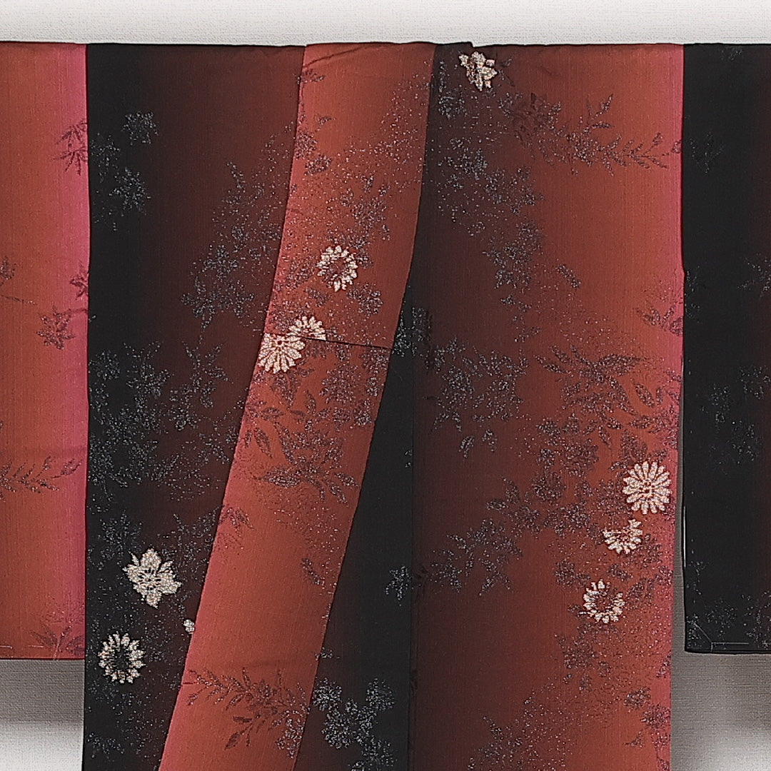 お召 袷 身丈147cm 裄丈60cm 正絹 Aランク インフォーマル 広衿 XSサイズ しつけ糸 菊 赤系 RP 1222-13653