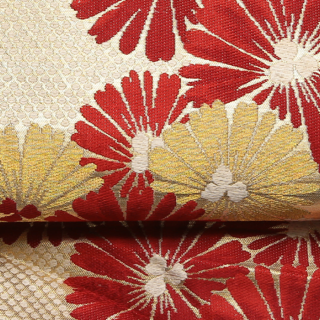 アンティーク 九寸名古屋帯 Bランク 帯丈322cm 正絹 六通 名古屋仕立て 織り 菊 金系 M4 1245-01790