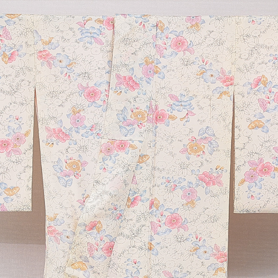 小紋 洗える着物 袷 身丈161cm 裄丈64cm ポリエステル Cランク Lサイズ 広衿 インフォーマル 花柄 クリーム系 1215-15637