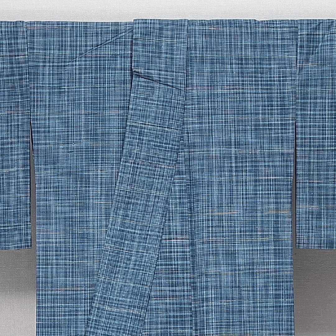 紬 単衣 身丈153cm 裄丈64cm 正絹 Aランク カジュアル 広衿 Sサイズ 格子 水色系 RP 1223-14728