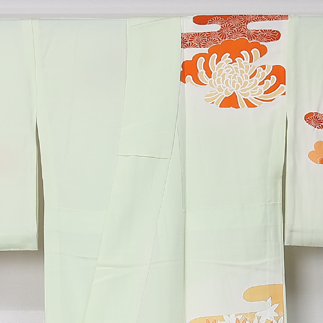 アンティーク 訪問着 身丈156cm 裄丈65cm Bランク M 正絹 単衣 広衿 金駒刺繍 エ霞 菊 緑系 1212-12323