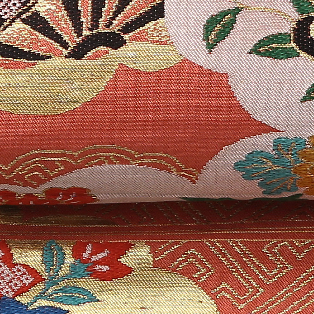 アンティーク 九寸名古屋帯 Aランク 帯丈312cm 正絹 ポイント柄 名古屋仕立て 織り 菊 朱系・ピンク系 RP 1245-02728