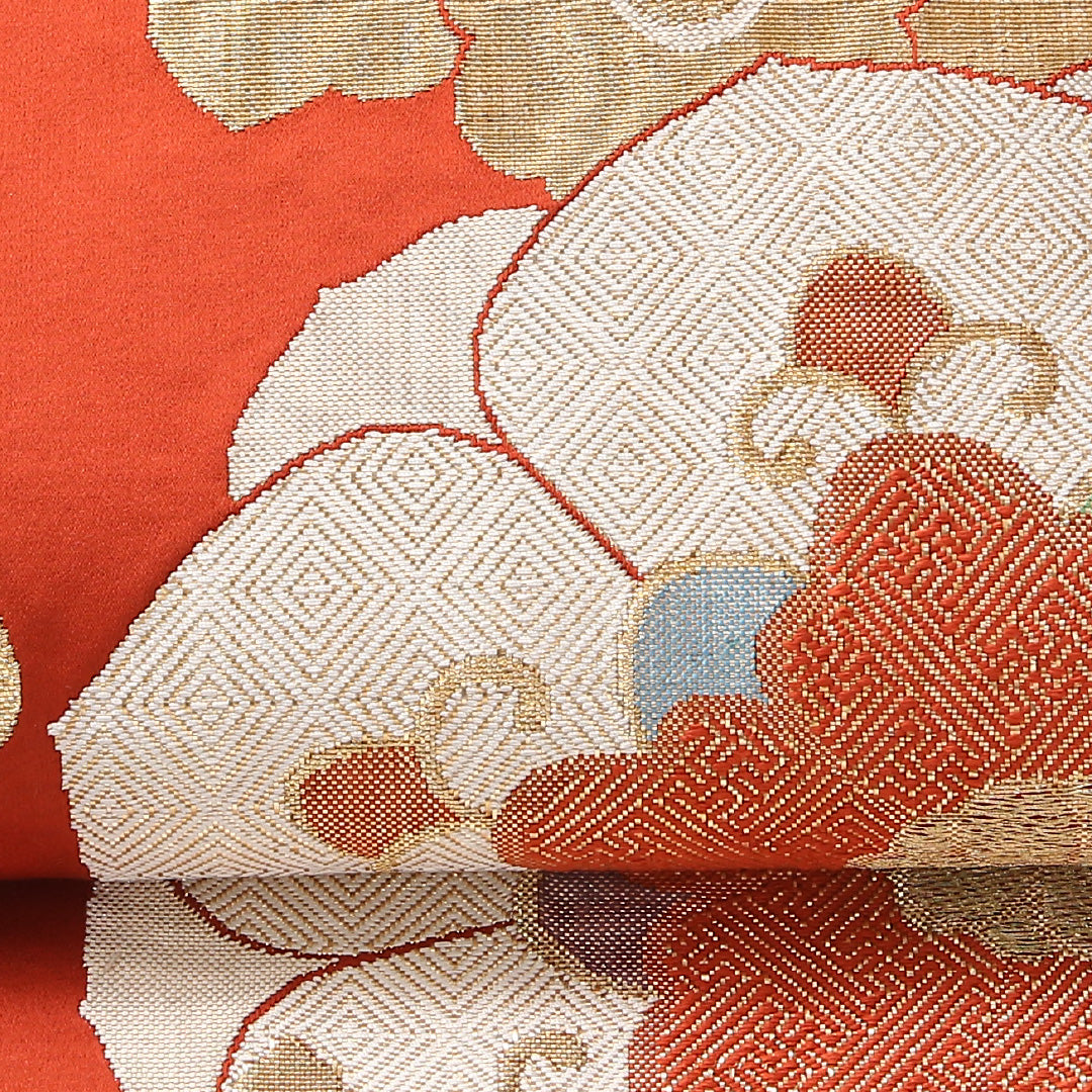 袋帯 帯丈414cm 六通 フォーマル Aランク 正絹 華文 桐 古典的 華やか 赤系 1223-01737