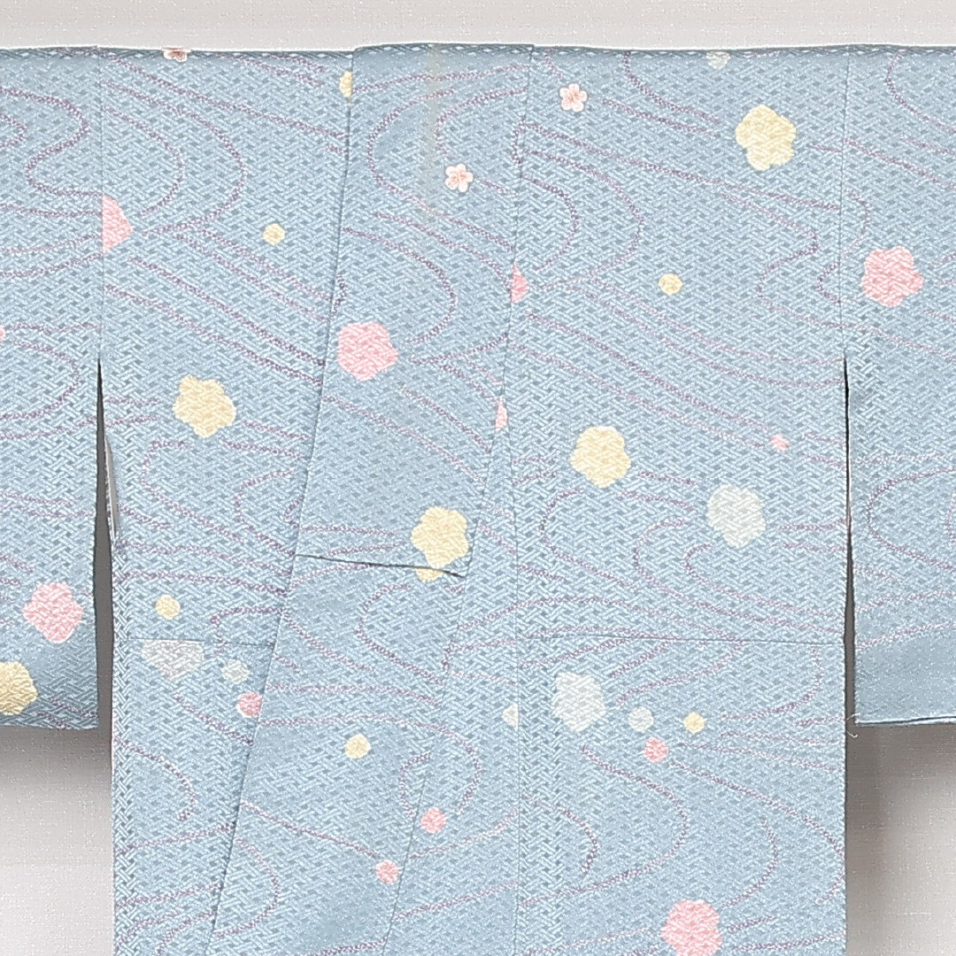 小紋 袷 身丈146cm 裄丈62cm 正絹 Bランク インフォーマル 広衿 XSサイズ 刺繍 流水 桜 桜 水色系 RP 1221-13115