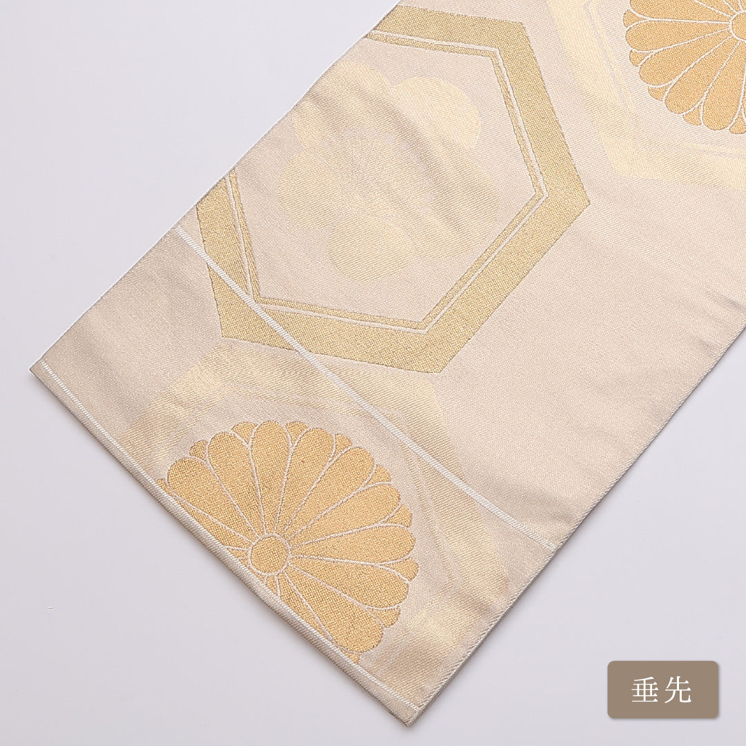 袋帯 帯丈440cm 六通 御所菊 梅 亀甲 金系 フォーマル クリーム系 正絹 Aランク 1223-00851