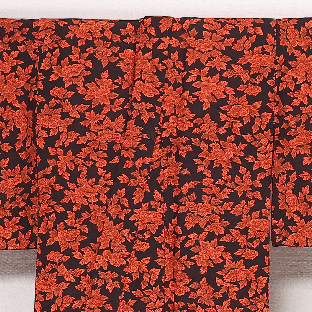 洗える着物 ウールの紬 単衣 身丈150cm 裄丈63cm ウール Sランク カジュアル バチ衿 Sサイズ 牡丹 朱系 RP 1223-13281