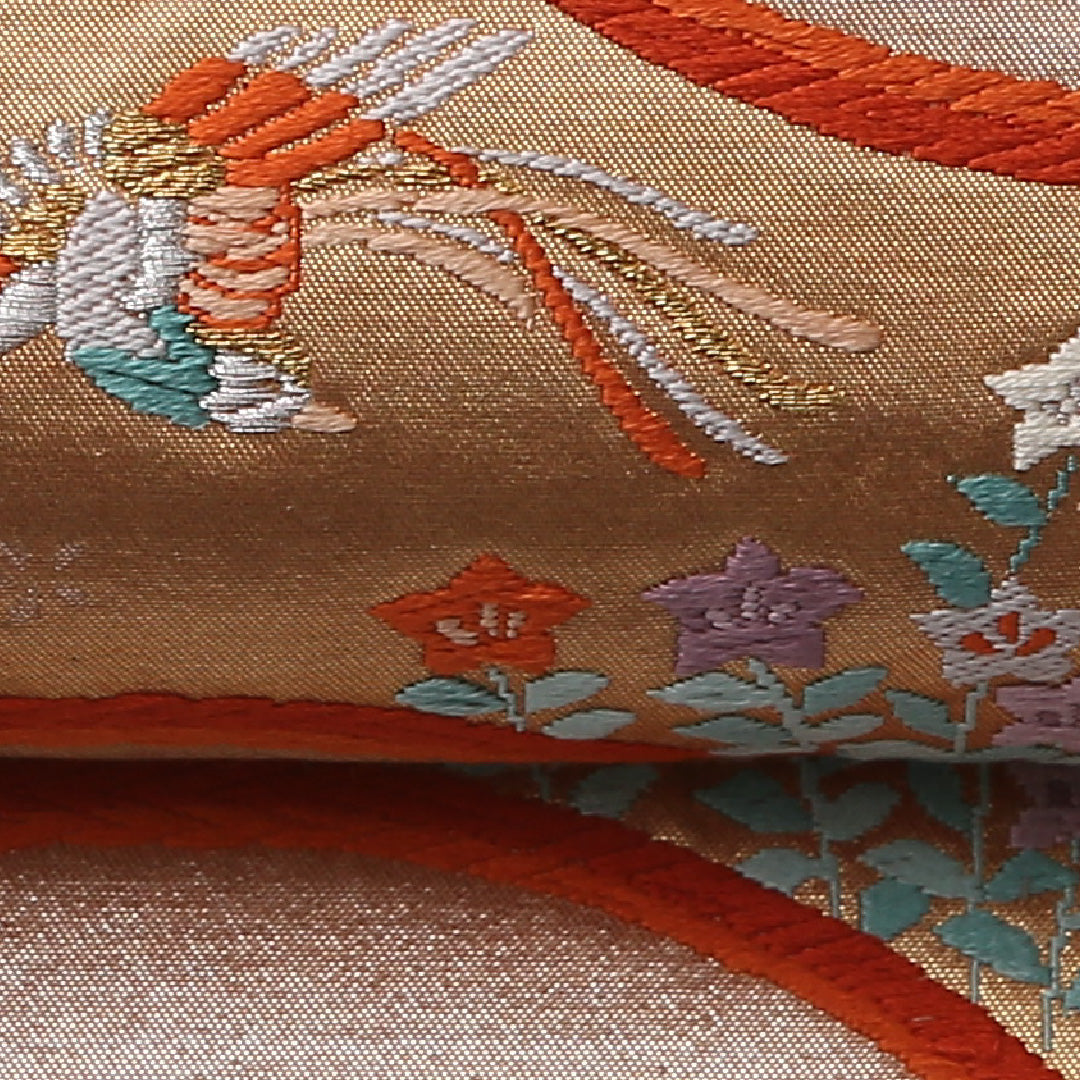 袋帯 帯丈432cm 正絹 六通 フォーマル 鳳凰 丸文 朱系 1243-01578
