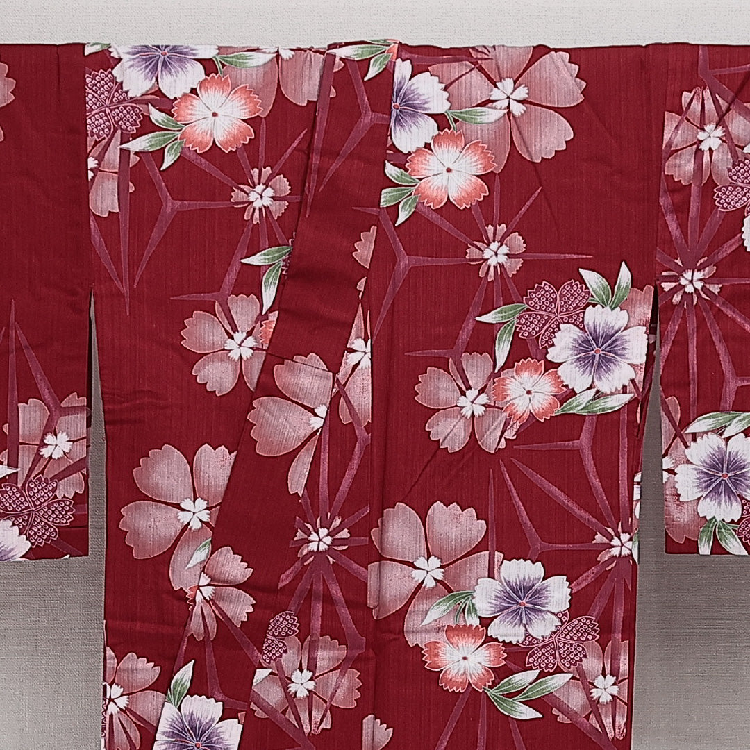 浴衣 夏物 洗える着物 身丈158cm 裄丈65cm Sランク 木綿 バチ衿 Mサイズ カジュアル 花柄 シック 華やか 赤系 1218-14283
