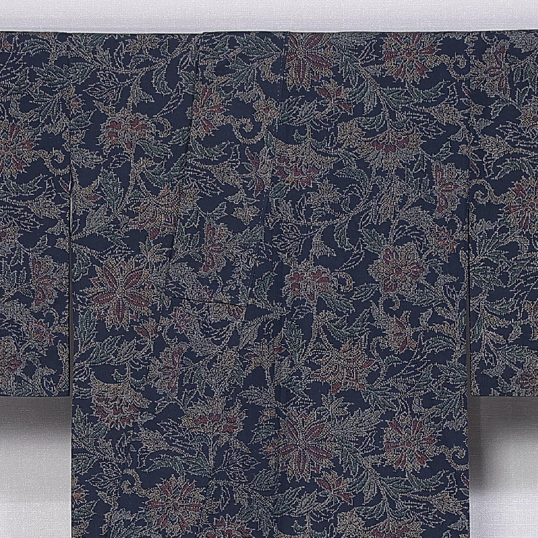 紬 袷 身丈162cm 裄丈64cm 正絹 Dランク カジュアル 広衿 Lサイズ 唐華 紺系 LP 1223-11302