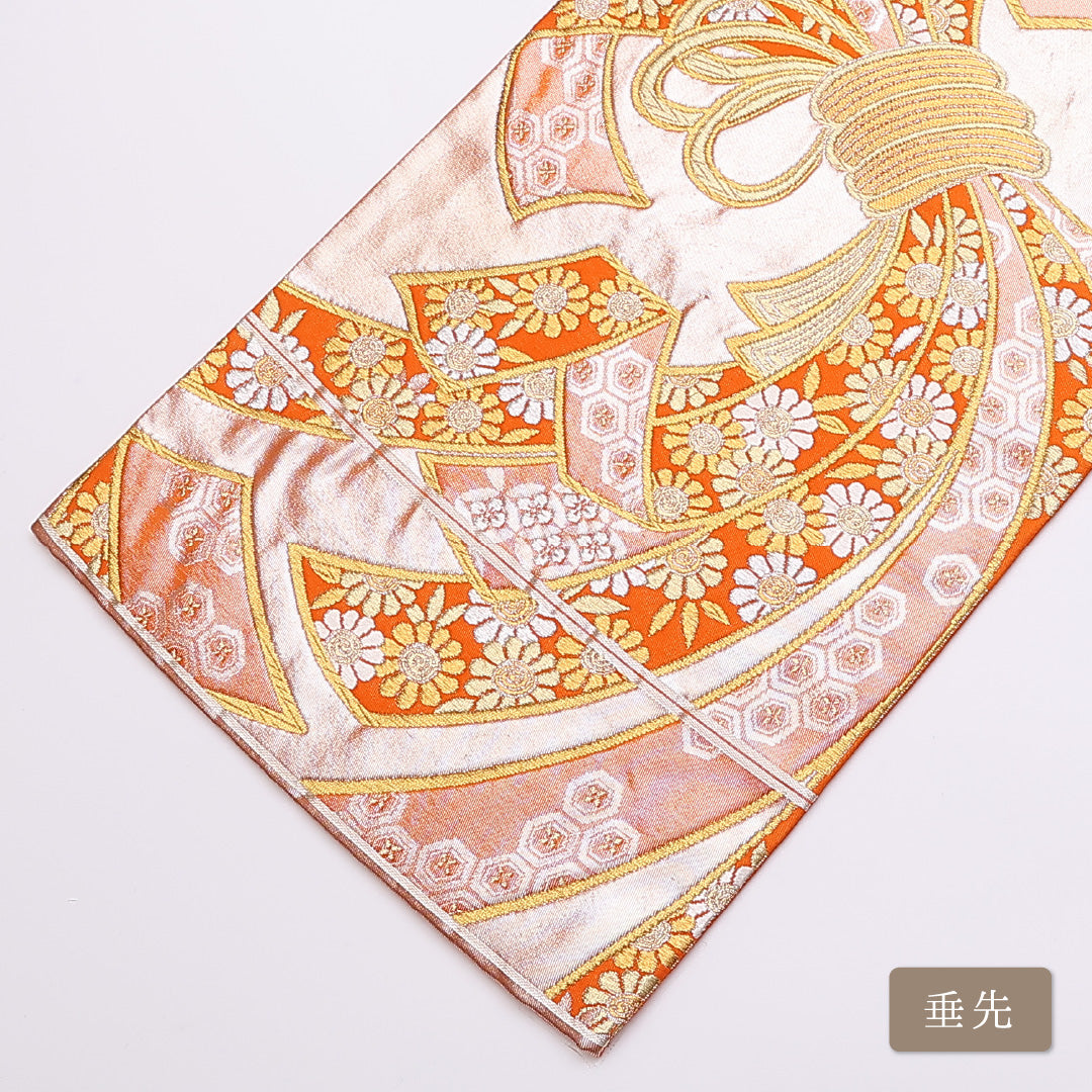 袋帯 帯丈440cm 六通 熨斗 組紐 吉祥文様 フォーマル 朱系 正絹 Aランク 1223-00854