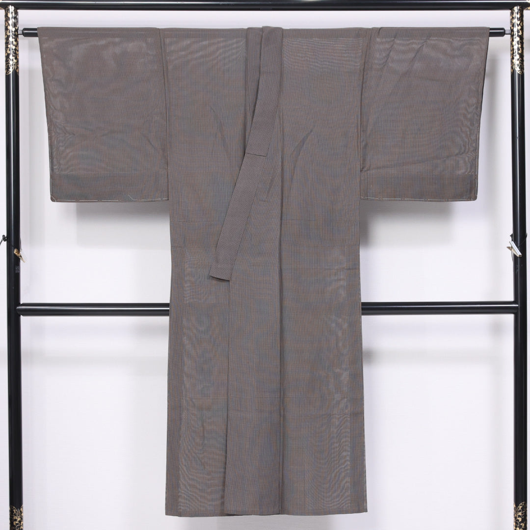 男着物 夏物 紗 身丈134cm 裄丈67cm 正絹 Sランク XSサイズ バチ衿 カジュアル 縞 クリーム系 茶系 1219-06290