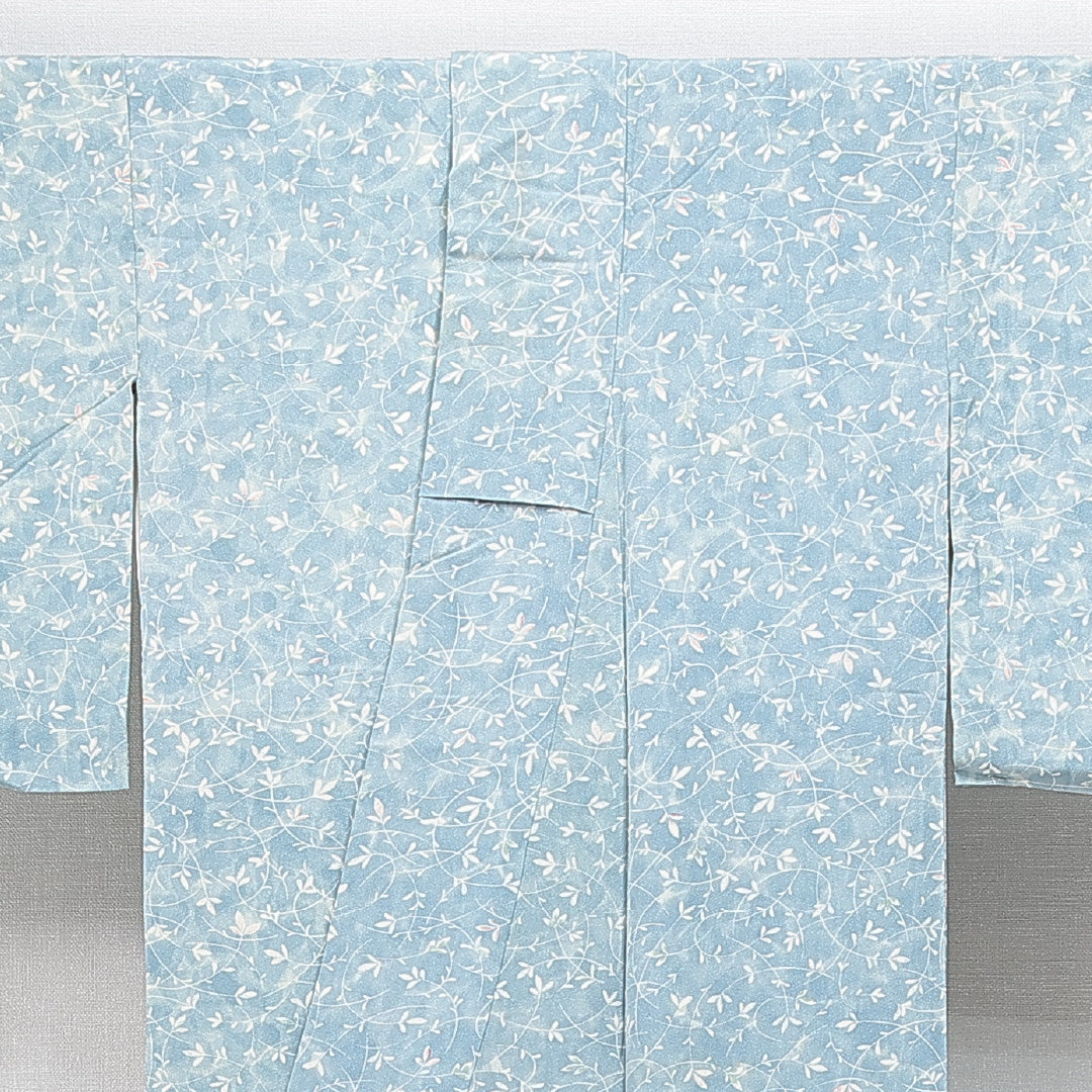 小紋 袷 身丈152cm 裄丈60cm 正絹 Aランク Sサイズ 広衿 インフォーマル 植物柄 水色系 1215-14860
