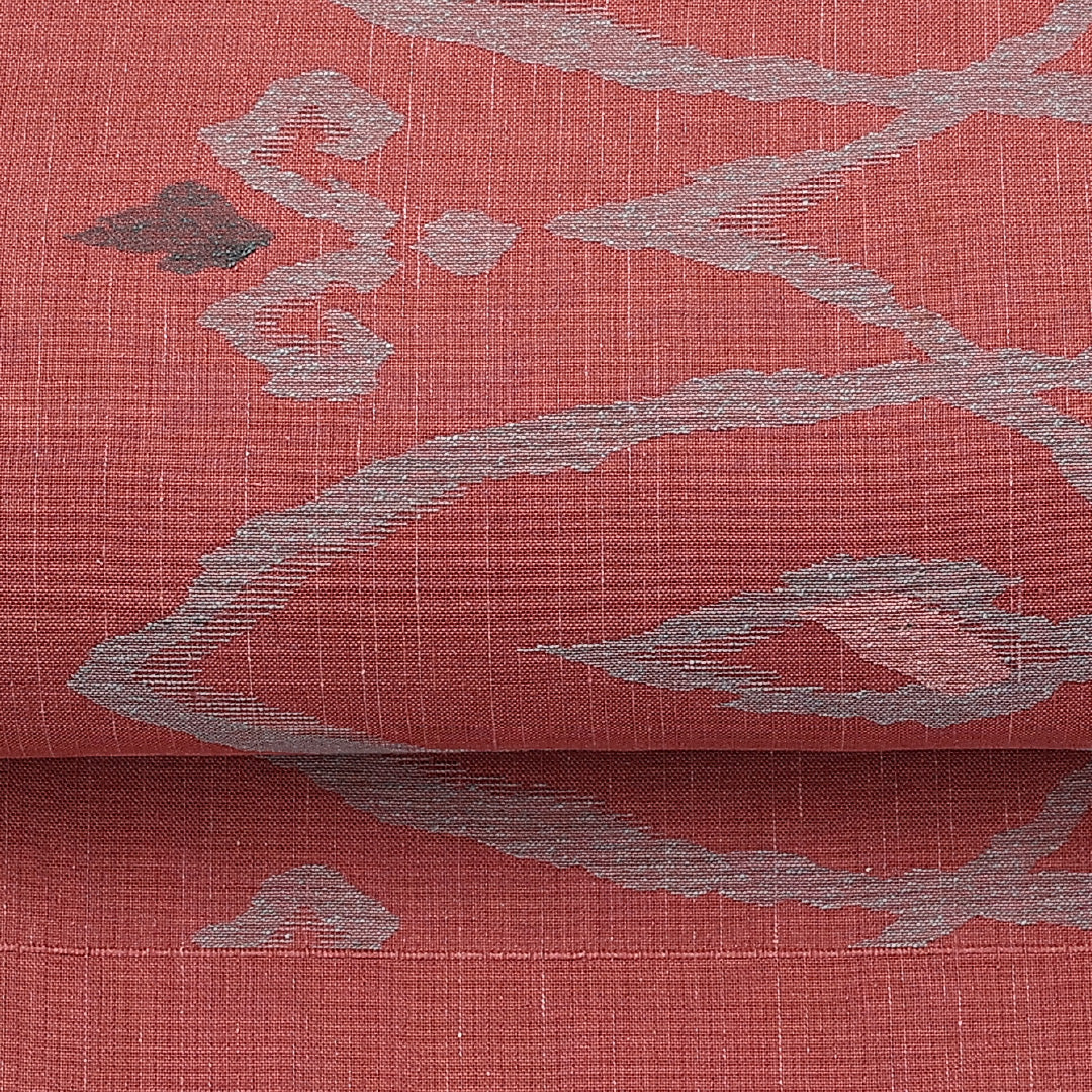 名古屋帯 帯丈351cm 六通 名古屋仕立て Bランク カジュアル 植物柄 紬 正絹 ピンク系 1224-01360