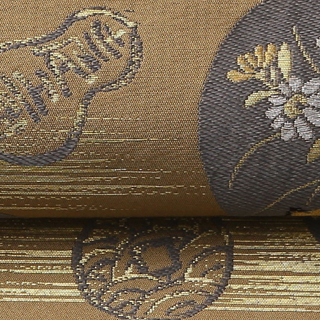 アンティーク 袋帯 帯丈392cm 六通 Aランク 正絹 小判 唐獅子 古典的 遊び心 ベージュ系 1223-01498