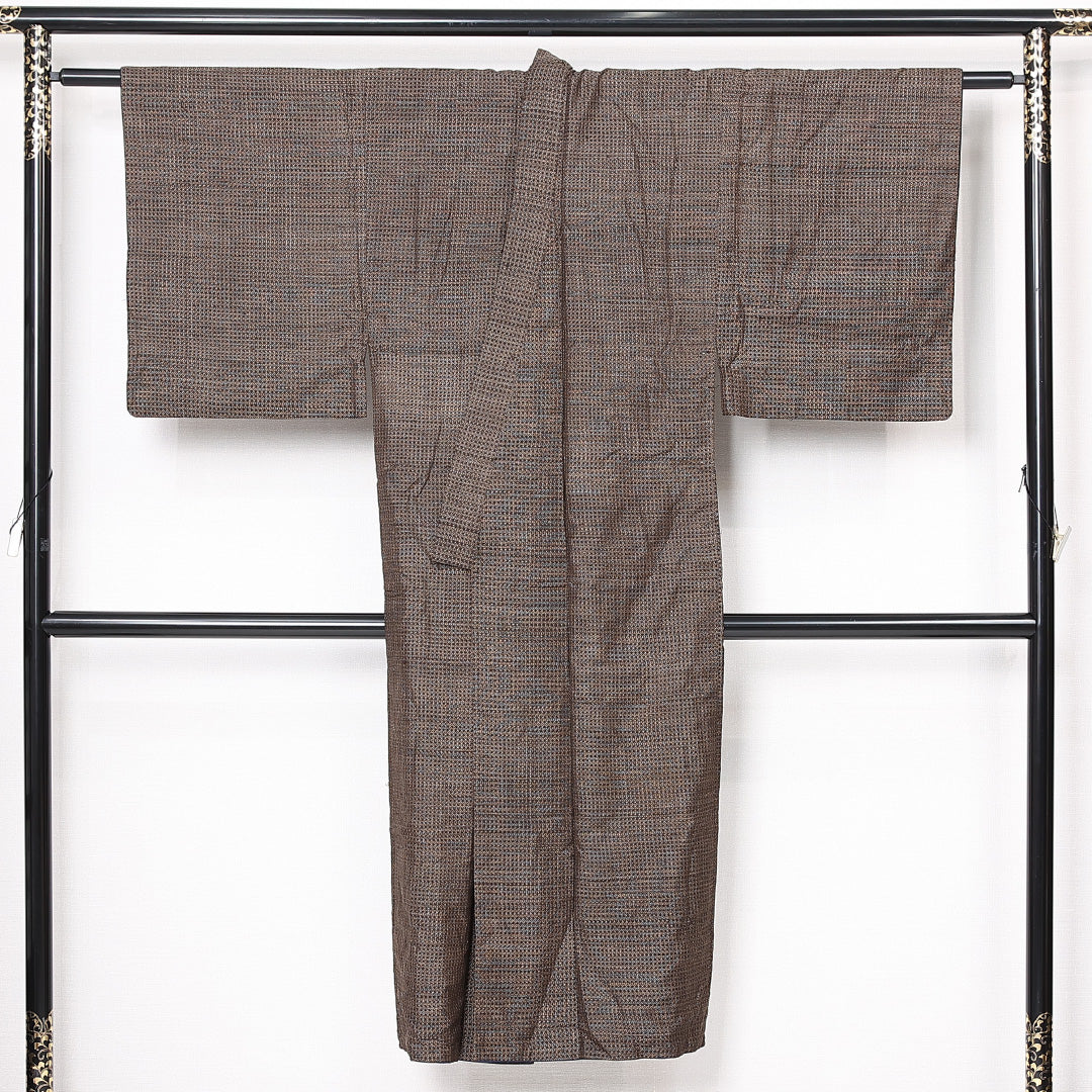 アンティーク 洗える着物 木綿の男着物 (書生絣) 袷 身丈139cm 裄丈65cm 木綿 Cランク 棒衿 Sサイズ 茶系 PO 1224-13091