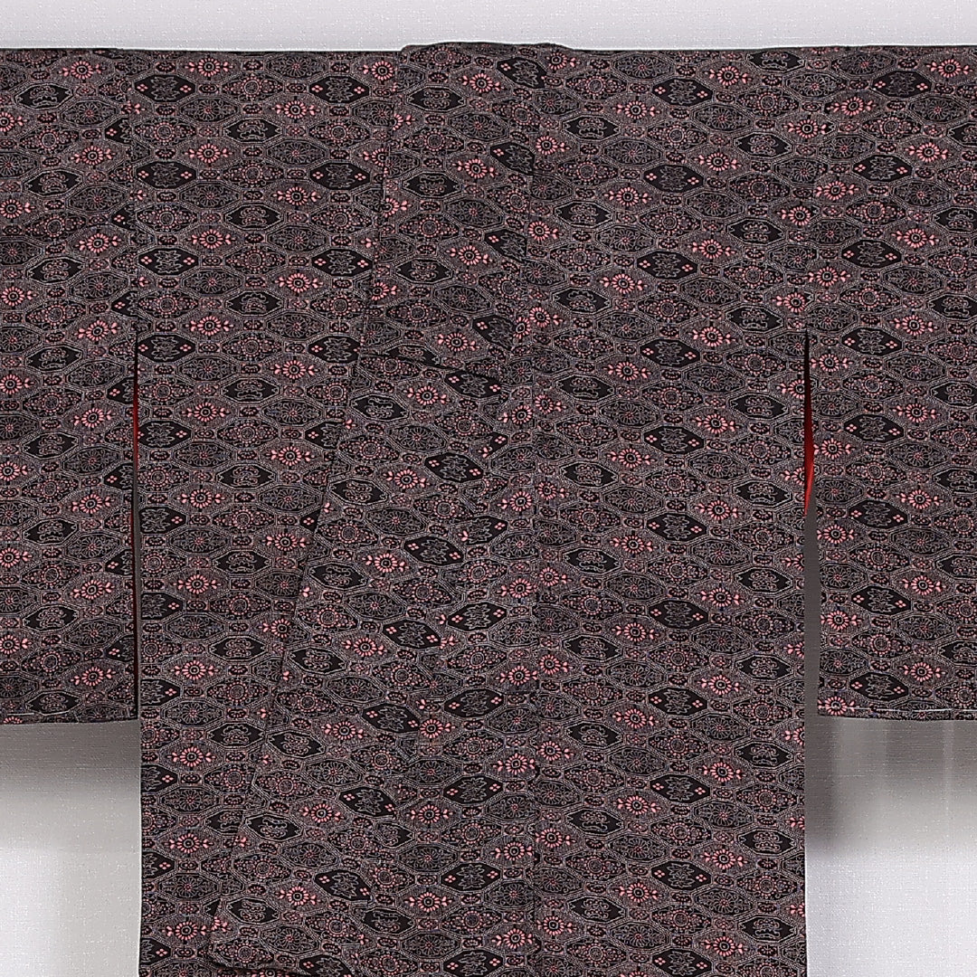 アンティーク 小紋 袷 身丈148cm 裄丈62cm 正絹 Cランク 広衿 XSサイズ 蜀江 ピンク系 M4 1221-10016