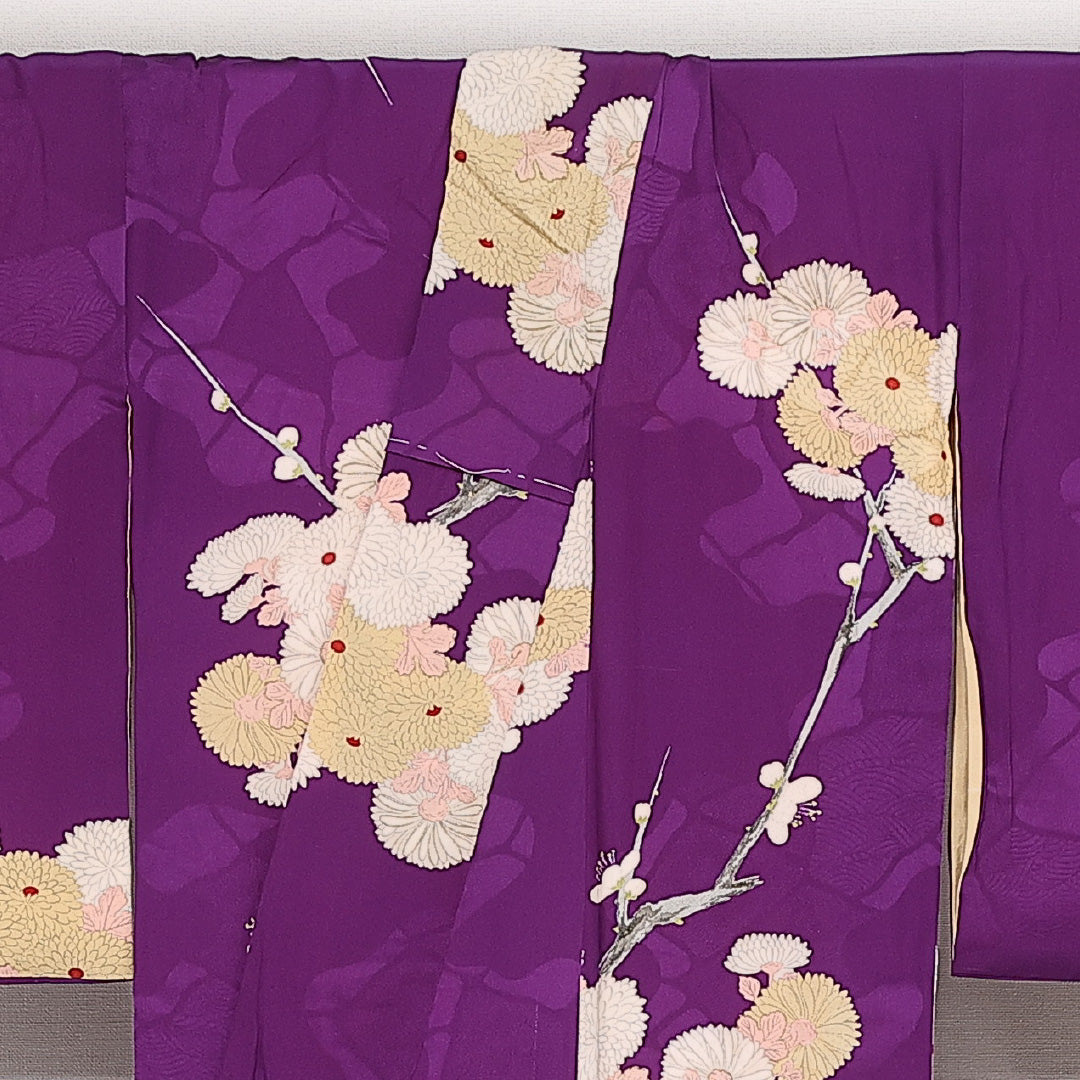 アンティーク 小紋 (錦紗) 袷 身丈142cm 裄丈63cm 正絹 Aランク 広衿 XSサイズ 菊 紫系 RP 1221-13658