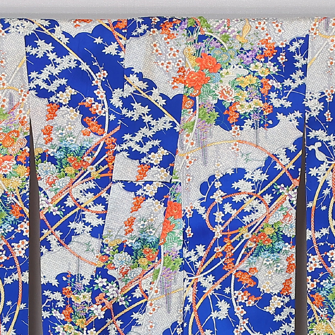 振袖 身丈157cm 裄丈65cm Cランク 袷 正絹 S 広衿 吉祥文様 組紐 古典柄 花柄 青系 1213-F0428