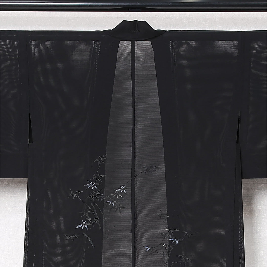 夏物 黒羽織 絽 身丈80cm 裄丈61cm 正絹 Sランク インフォーマル Sサイズ 笹 黒系 RP 1233-12834
