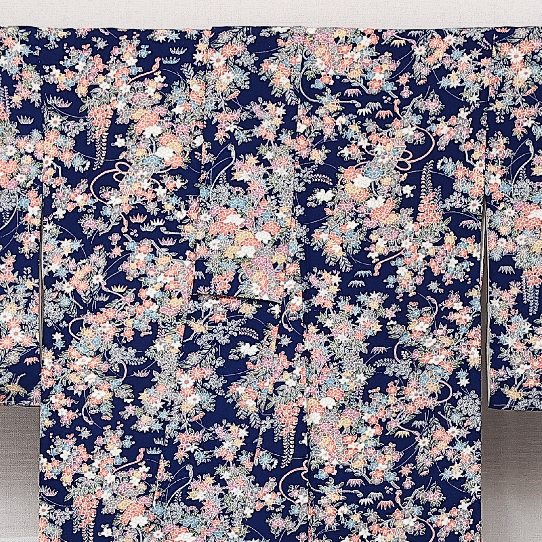 洗える着物 小紋 袷 身丈163cm 裄丈64cm ポリエステル Sランク インフォーマル 広衿 Lサイズ 花柄 紺系 RP 1221-14172