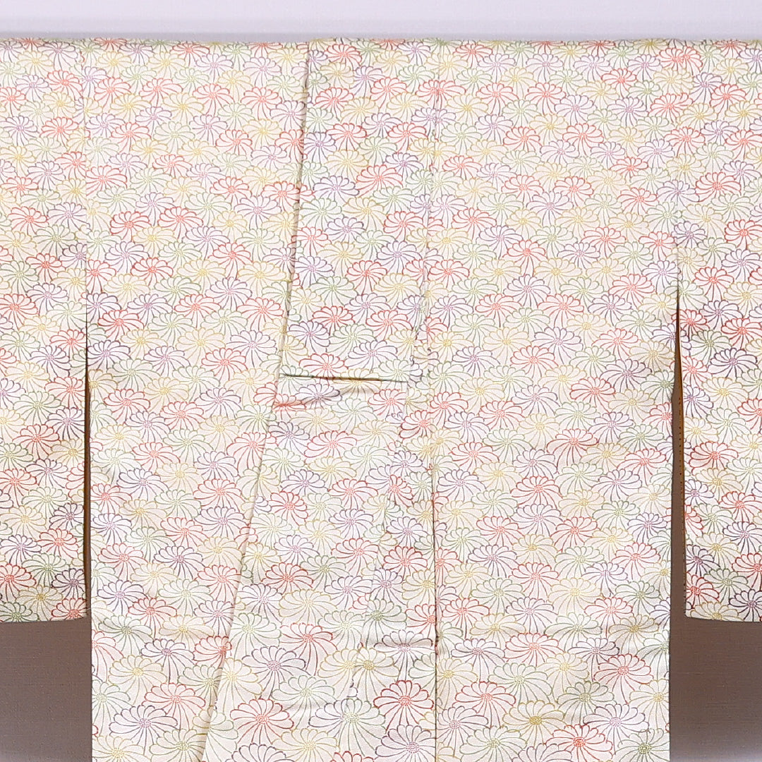 小紋 袷 身丈158cm 裄丈62cm 正絹 Sランク インフォーマル 広衿 Mサイズ 菊 クリーム系 RP 1221-11661