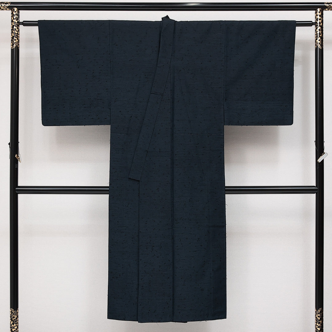 アンサンブル 男着物 袷 身丈137cm 裄丈62cm 正絹 Aランク カジュアル 棒衿 Sサイズ ひげ紬 無地 紺系 RP 1224-14533