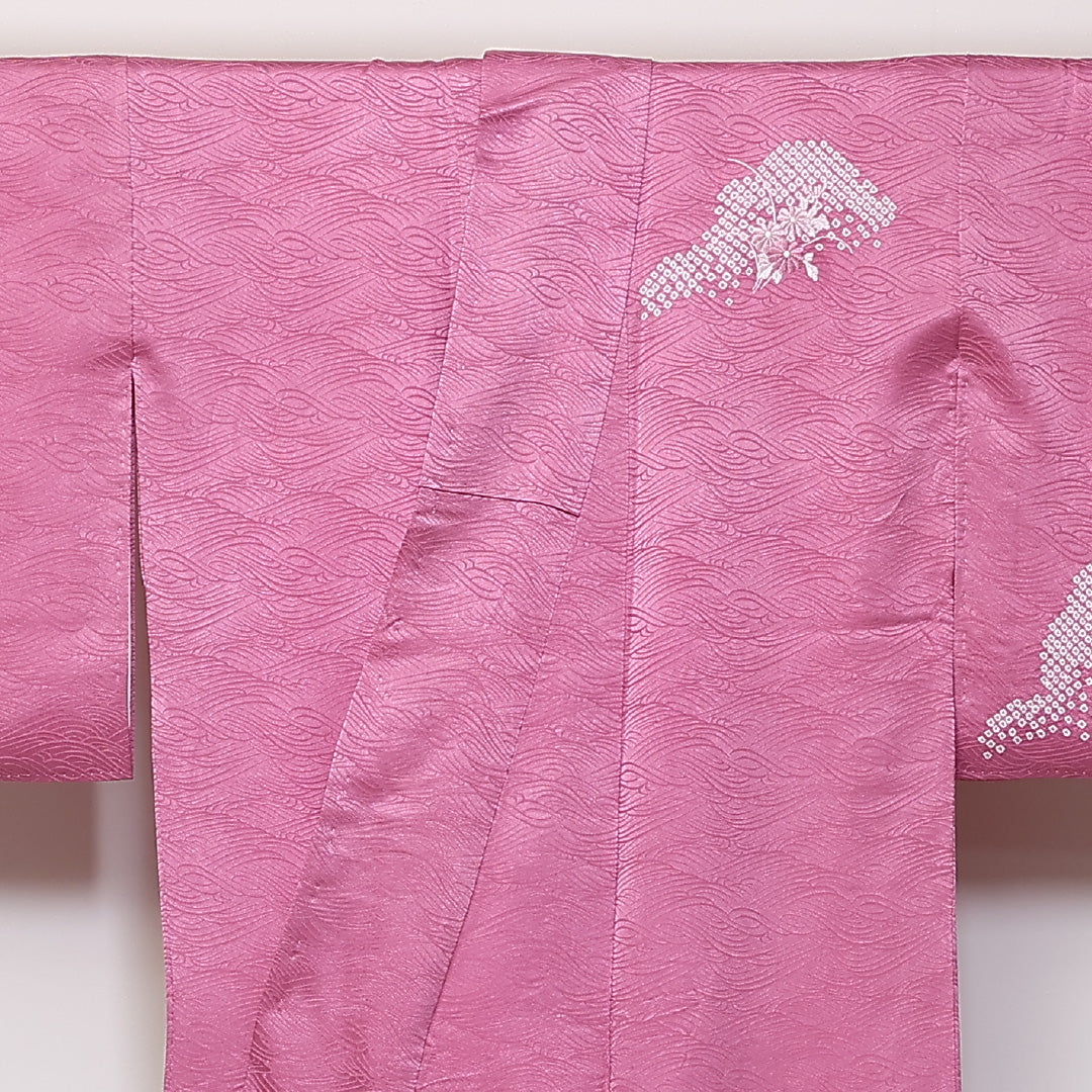 訪問着 袷 身丈156cm 裄64cm 正絹 扇子 部分絞り 菊 刺繍 Aランク 1212-00718