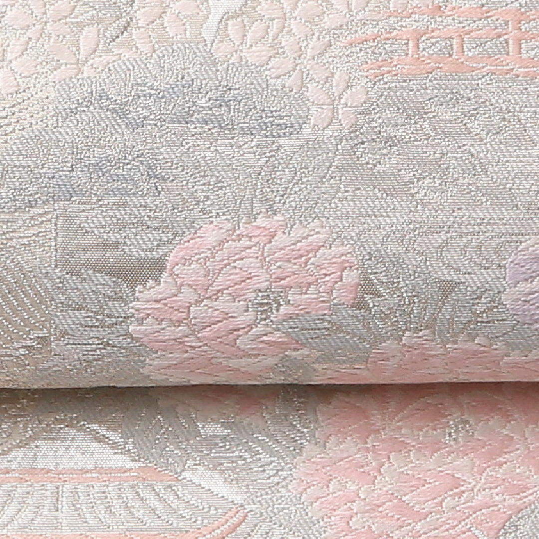 未使用品 袋帯 帯丈428cm 正絹 六通 セミフォーマル 平等院鳳凰堂 銀系 1243-01519