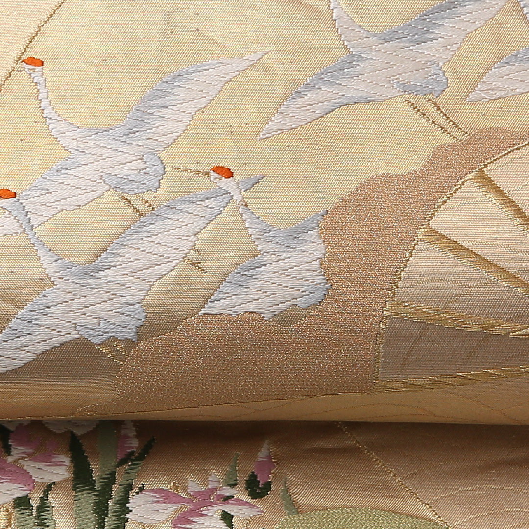 袋帯 帯丈424cm 正絹 六通 フォーマル 更紗 花扇 松鶴 八橋 金系 1243-01438