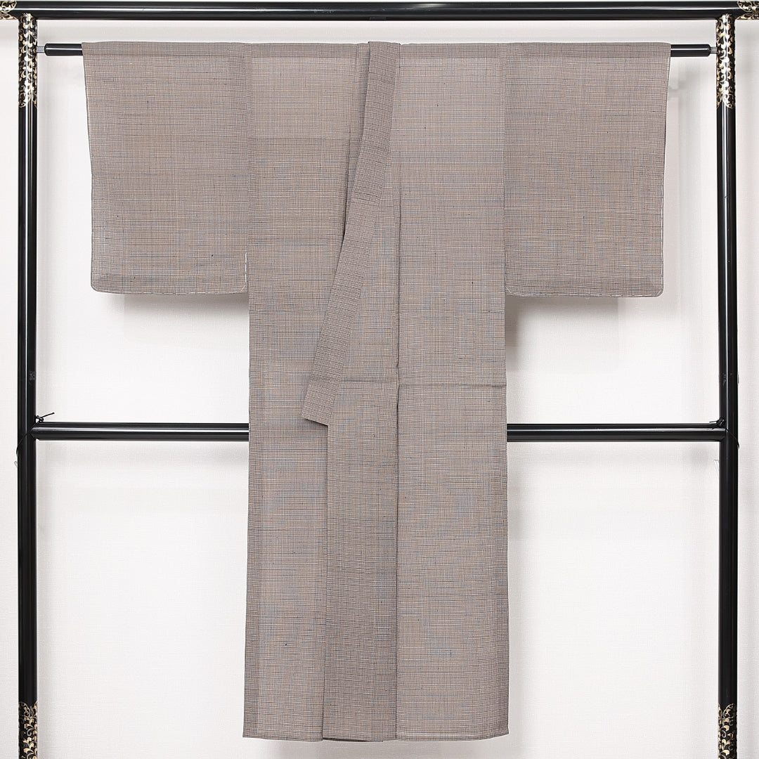 夏物 男着物（小千谷縮） 単衣 身丈140cm 裄丈64cm Sランク 麻 洗える着物 棒衿 Mサイズ カジュアル 格子 茶系 素朴 軽やか 1219-13070