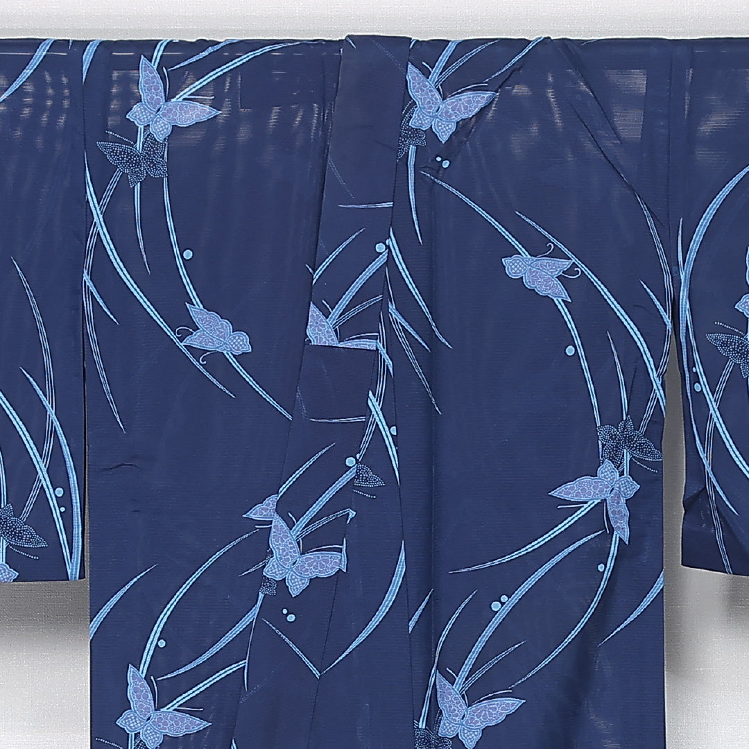 小紋 身丈159cm 裄丈66cm Bランク M 正絹 絽 バチ衿 露芝草 蝶 カジュアル 青系 1215-12160