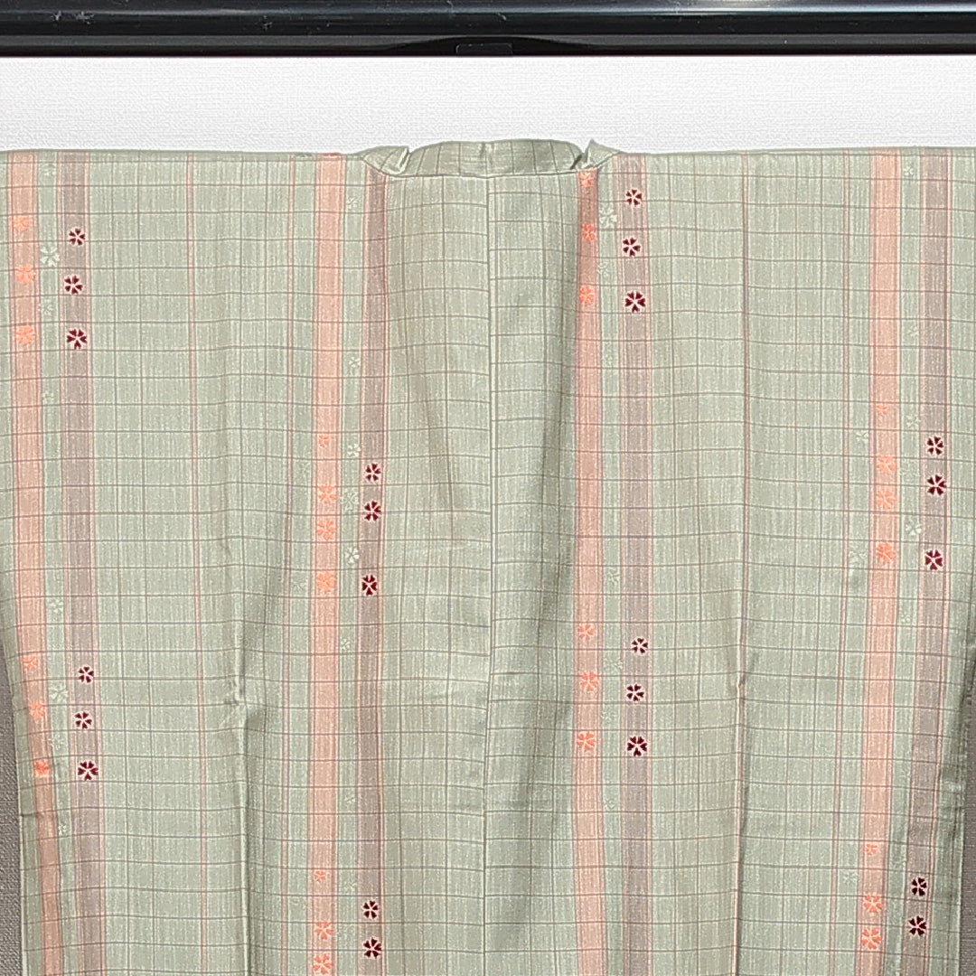 道行コート 袷 身丈132cm 裄丈66cm 正絹 Sランク Mサイズ インフォーマル ポケットあり 格子 桜 緑系 1263-14846