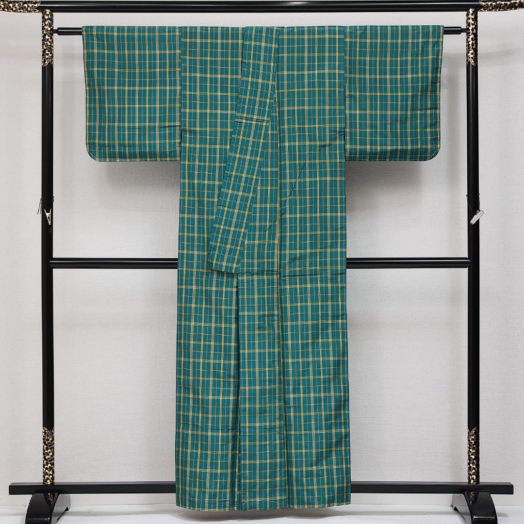 アンサンブル 紬 袷 身丈158cm 裄丈60cm 正絹 Aランク カジュアル 広衿 Mサイズ 格子 緑系 RP 1223-14516