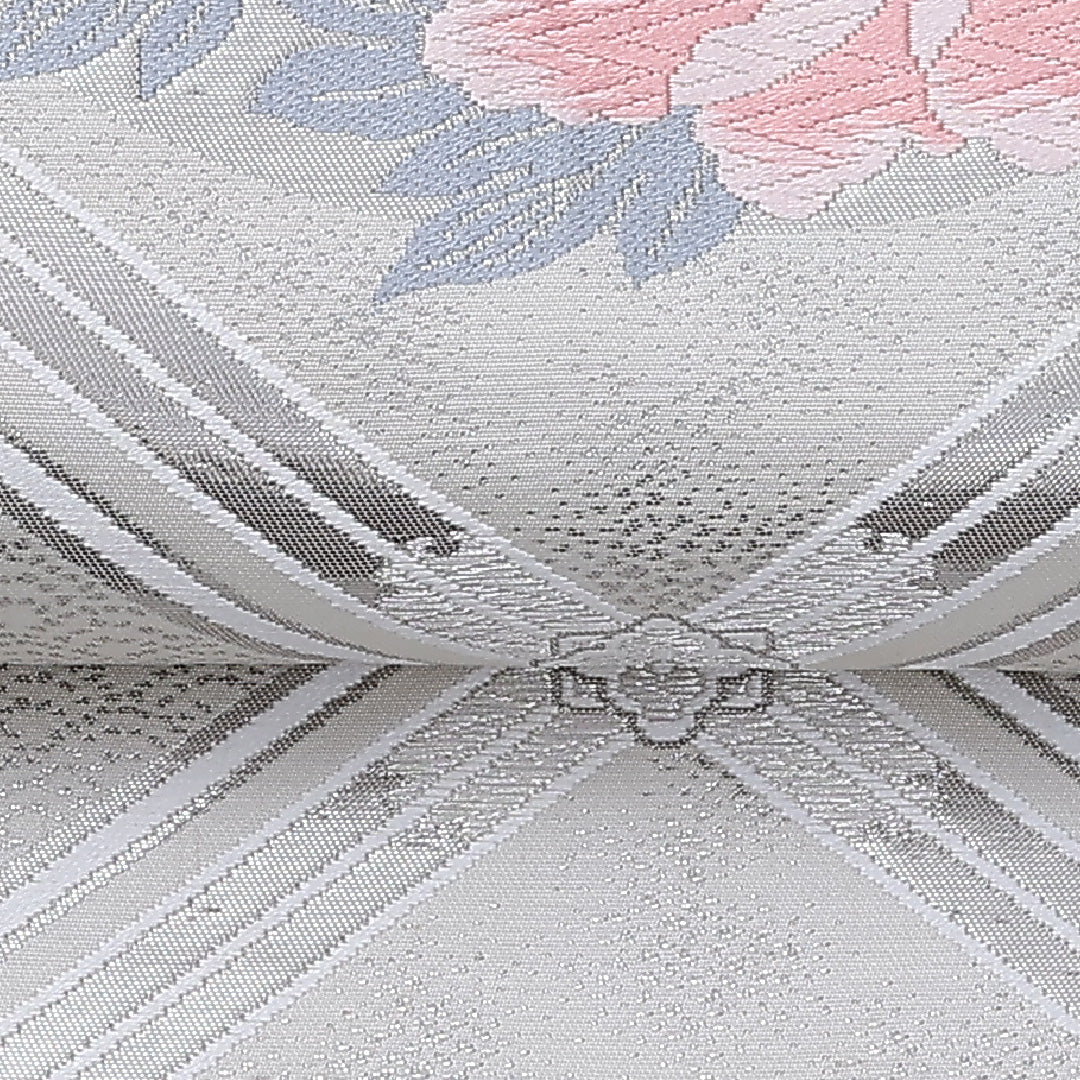 袋帯 帯丈416cm 六通 牡丹 花菱 セミフォーマル 銀系 正絹 Aランク 1223-00912
