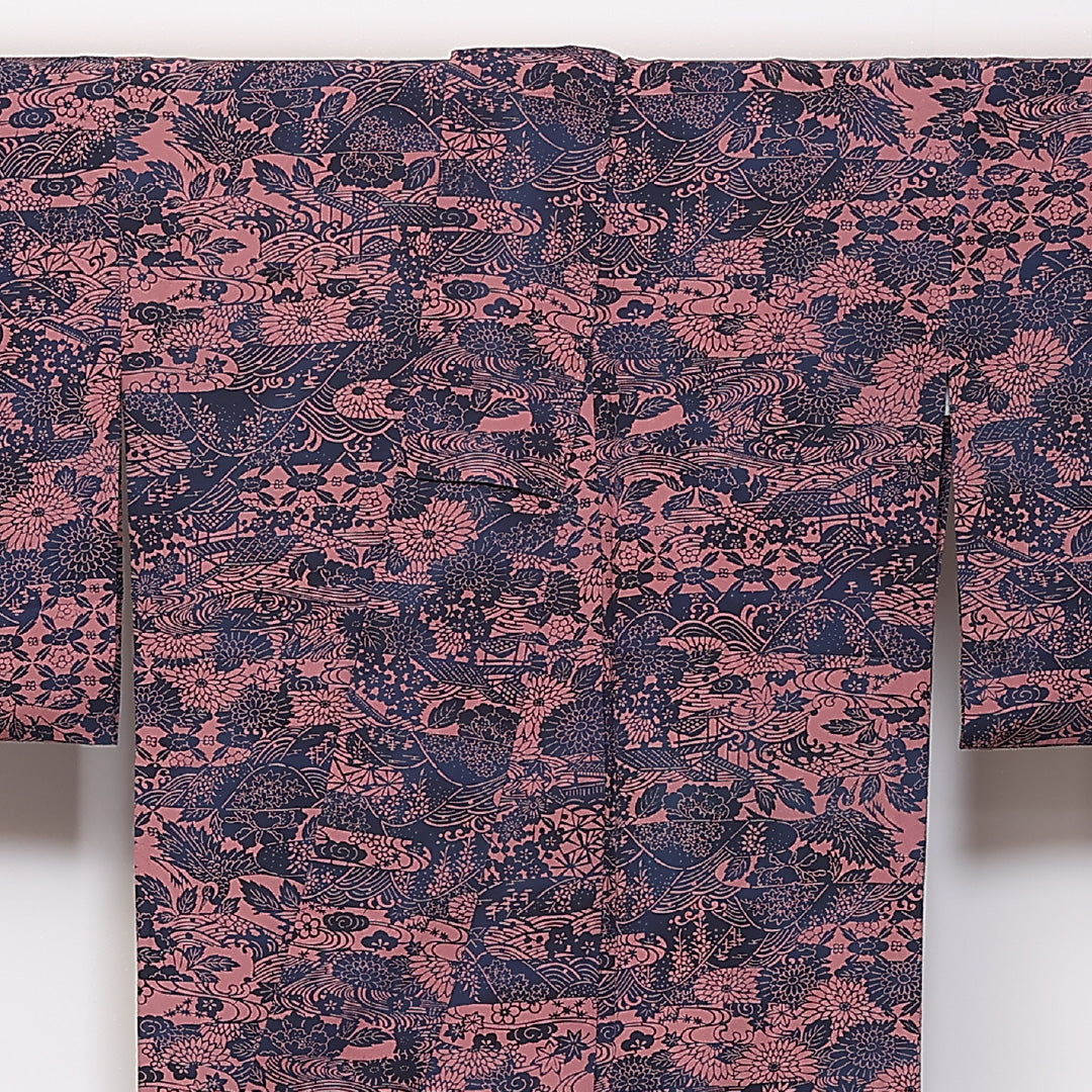 小紋 単衣 身丈160cm 裄65cm 正絹 阿波愛 藍染 作家物 紺系 ピンク系 落款 Aランク 1215-02429