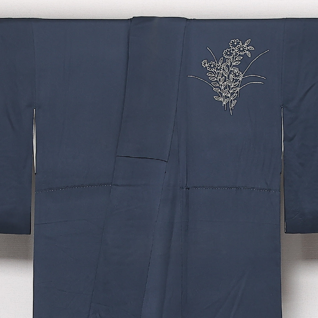 訪問着 袷 身丈148cm 裄丈61cm Aランク 正絹 広衿 XSサイズ セミフォーマル 蘇州刺繍 菊 上品 落ち着き 紺系 1212-13597