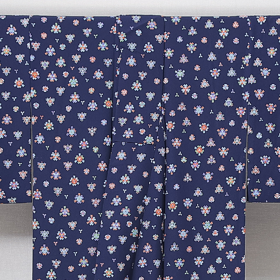 小紋 袷 身丈159cm 裄丈63cm 正絹 Sランク インフォーマル 広衿 Mサイズ 創作柄 紺系 RP 1221-14917