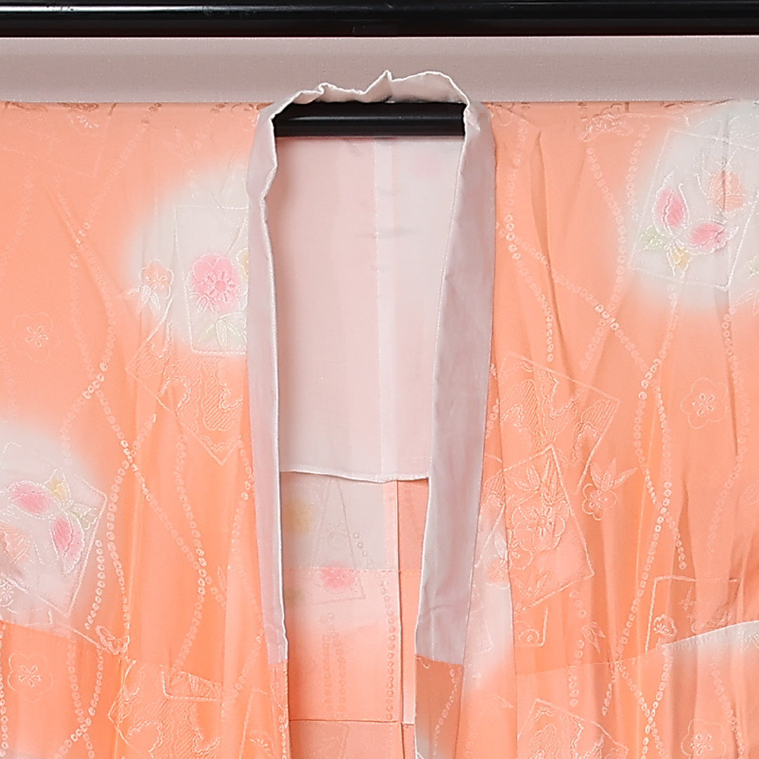 長襦袢 無双袖 身丈129cm 裄丈64cm 正絹 Sランク Lサイズ 蝶 梅 朱系 RP 1239-12634