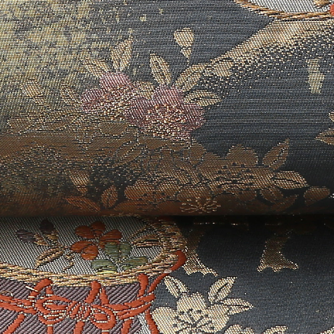 袋帯 帯丈428cm 六通 フォーマル Sランク 正絹 楽器 古典的 重厚感 緑系 1223-01494