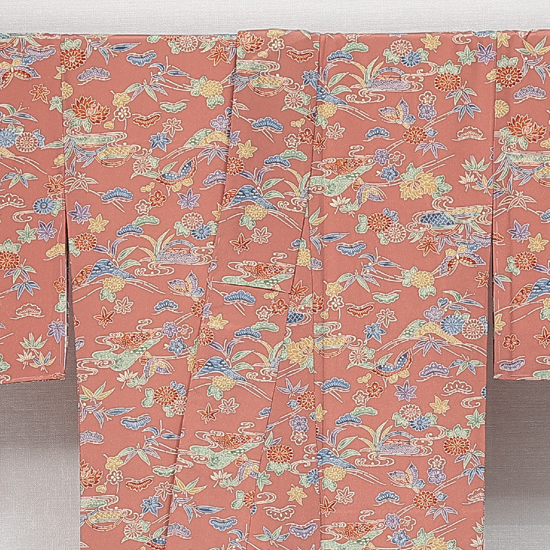洗える着物 小紋 袷 身丈168cm 裄丈66cm ポリエステル Sランク インフォーマル 広衿 XLサイズ 型染め ガード加工 蝶 古典柄 朱系 RP 1221-14731