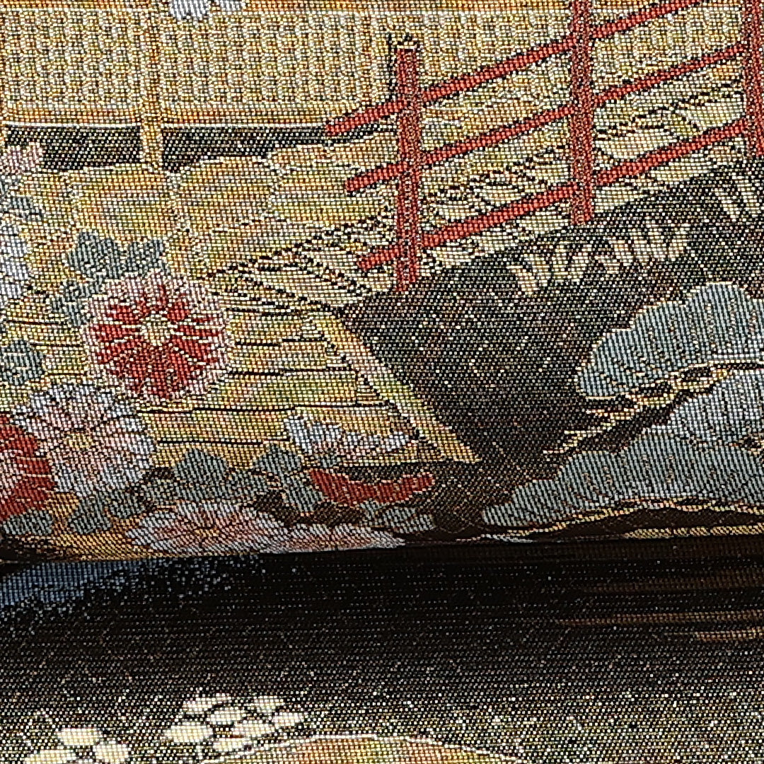 袋帯 帯丈436cm 六通 春日大社東西御廊 寺社仏閣 笠松 桜 紅葉 フォーマル 緑系 正絹 Sランク 1223-00957
