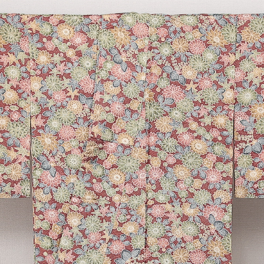 洗える着物 小紋 袷 身丈149cm 裄丈60cm ポリエステル Sランク インフォーマル 広衿 XSサイズ 花柄 赤系 RP 1221-14256