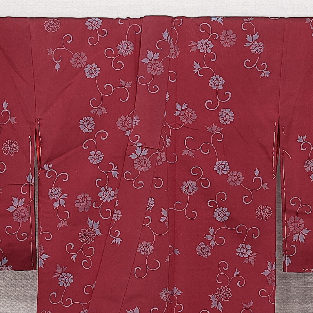 アンティーク お召 袷 身丈150cm 裄丈62cm 正絹 Aランク バチ衿 Sサイズ 唐草牡丹 赤系 RP 1222-14237