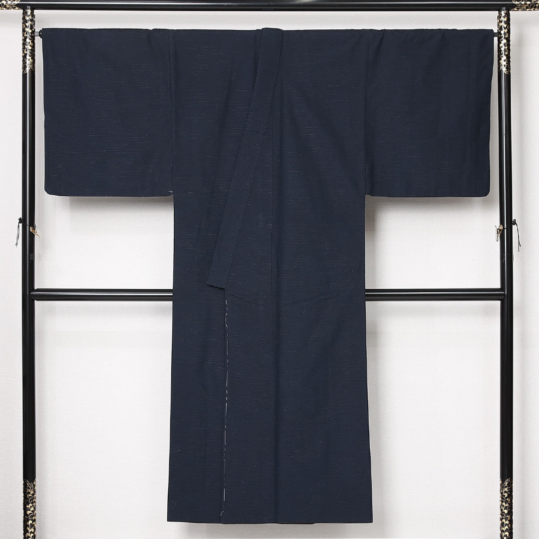 男着物 袷 身丈145cm 裄丈71cm 正絹 Sランク カジュアル 棒衿 Lサイズ 無地 紺系 RP 1224-13005
