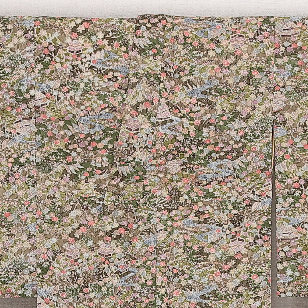 小紋 袷 身丈152cm 裄丈62cm 正絹 Aランク インフォーマル 広衿 Sサイズ 茶屋辻 緑系 RP 1221-13662