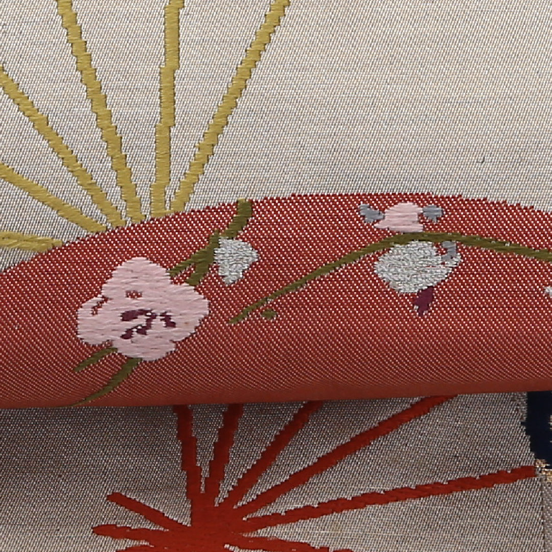 アンティーク 名古屋帯 六通 帯丈336cm Aランク 正絹 綴れ織 吉祥文様 扇 グレー系 1224-02362